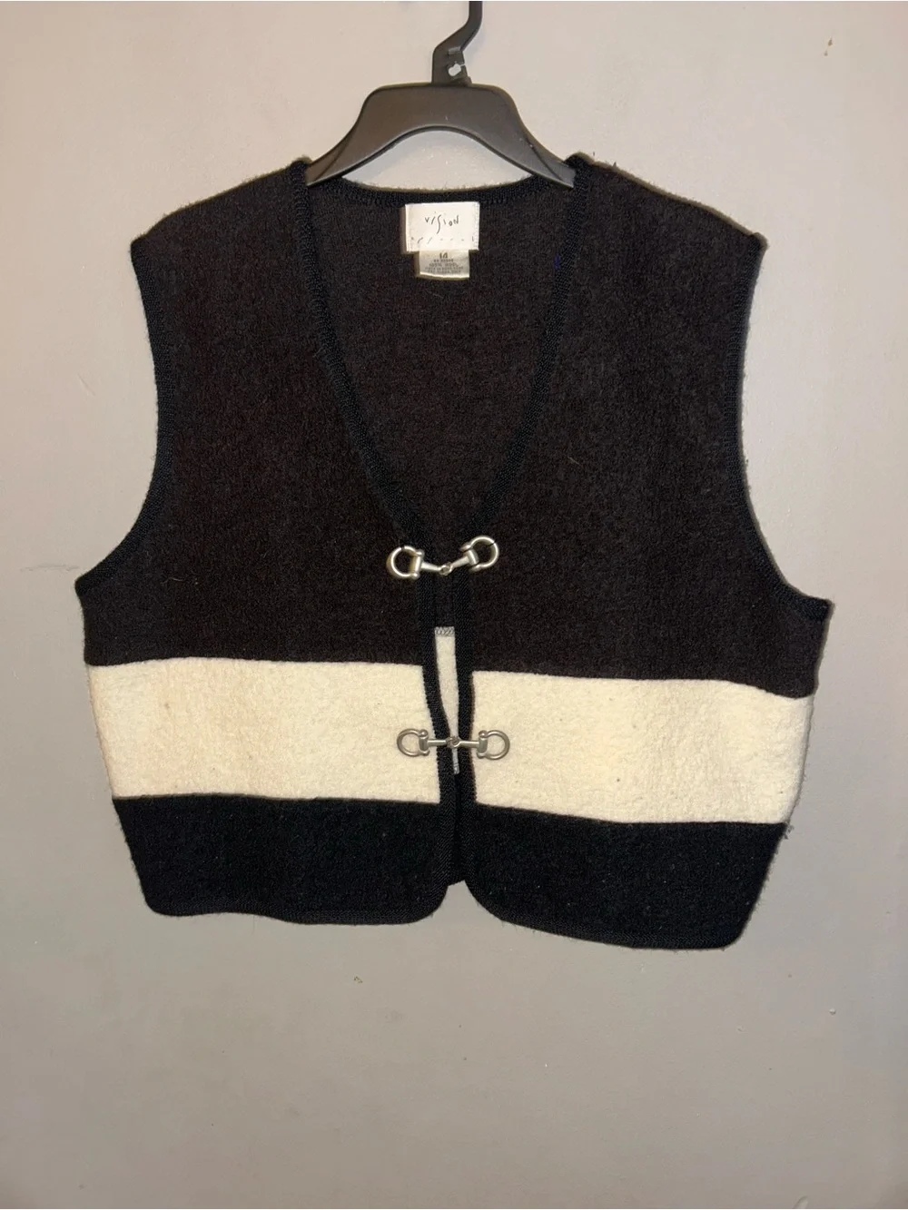 Vintage Wool Vest - black/cream color block with metal closures